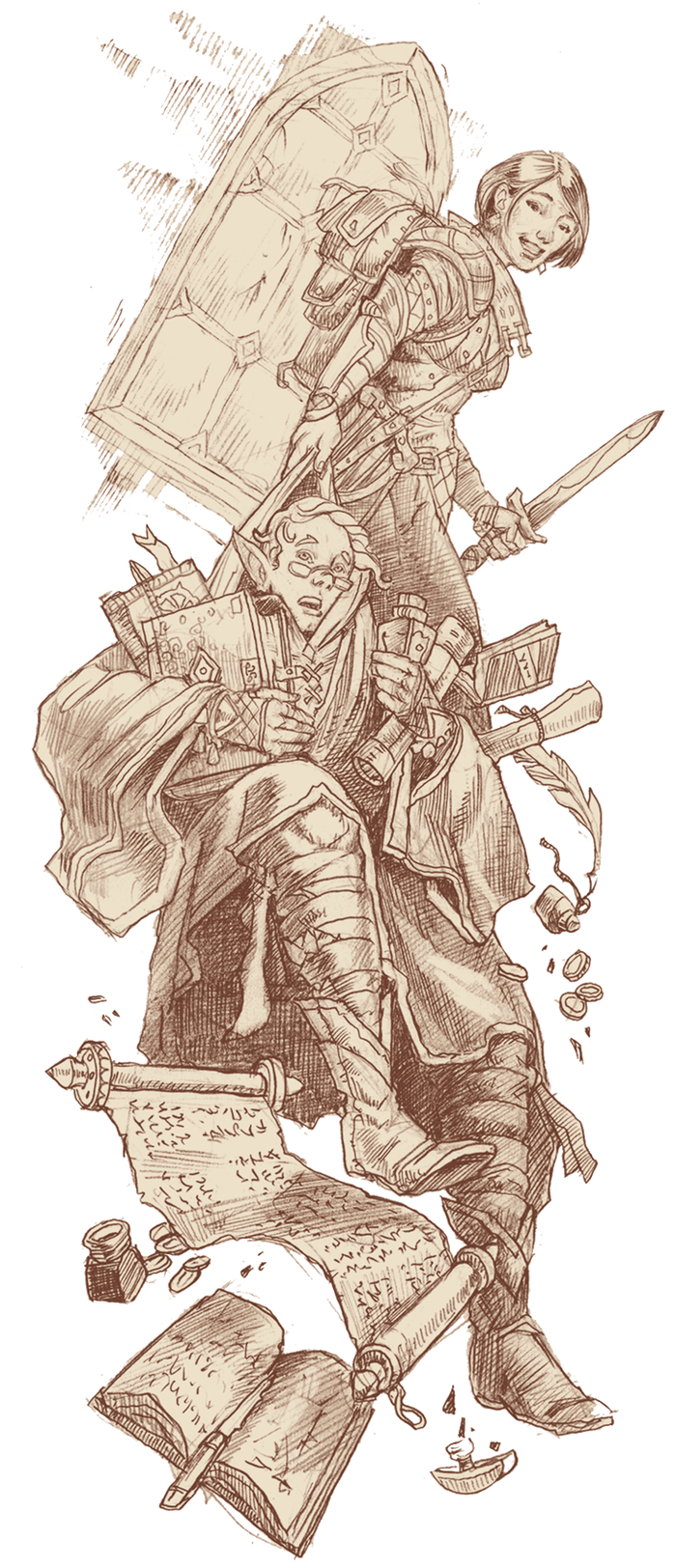 Sketch of two adventurers laden with gear, scrolls, and coin