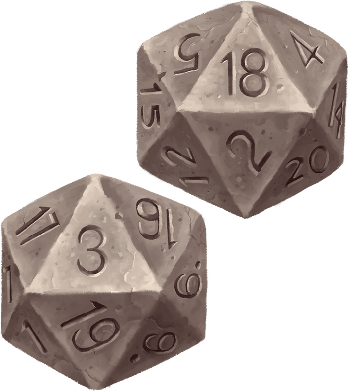 A pair of D20 dice on a hex map