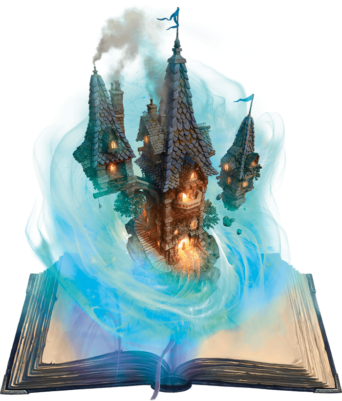A tower emerging from an open book in a swirl of blue magic