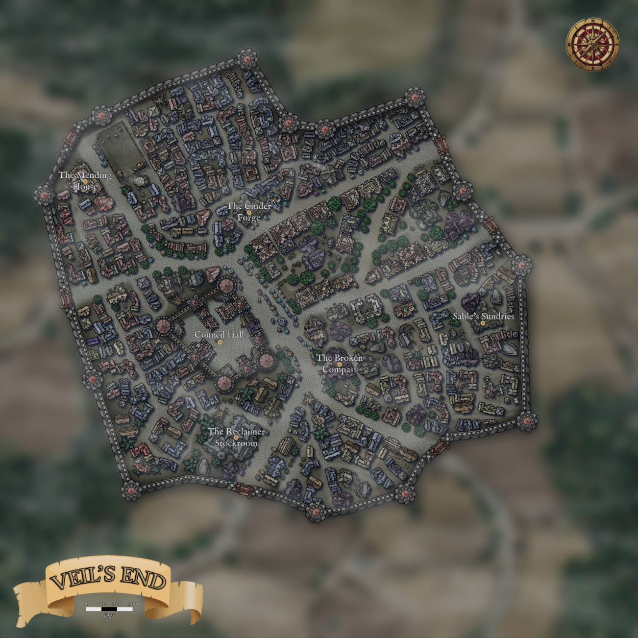 Map of Veil's End, showing the six key locations within the city walls